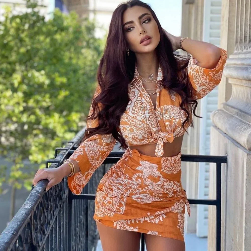 Zara 2 Piece Printed Mini Skirt And Top Co-ord Set Burnt Orange NWT